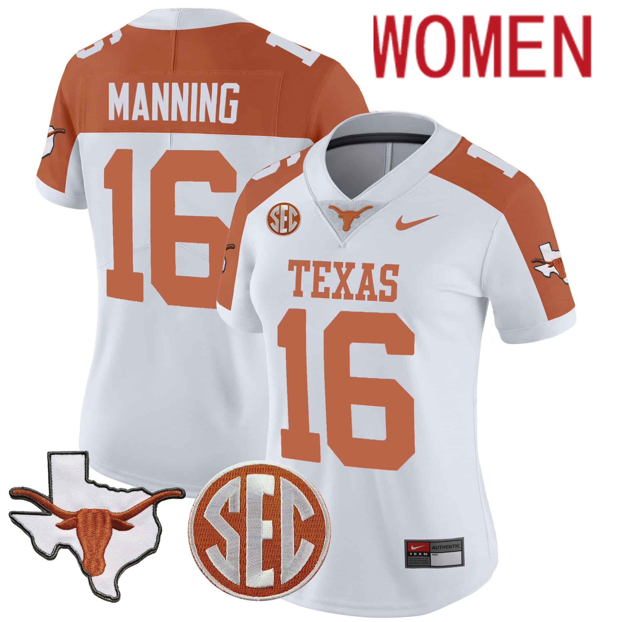 Women Texas Longhorns #16 Manning White 2024 Nike State Map & SEC Patch Vapor NCAA Jersey style 1->women nfl jersey->Women Jersey